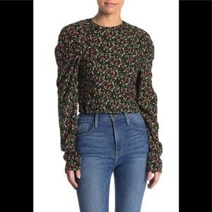 AFRM Top Garden Floral Blouse Puffed Drape Sleeve Black Viscose Zip, M